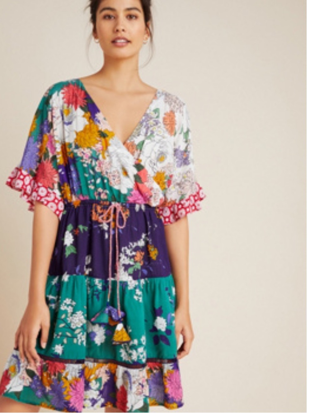 Anthropologie Nettie Tiered Mini Dress — Green, Purple, White, Pink